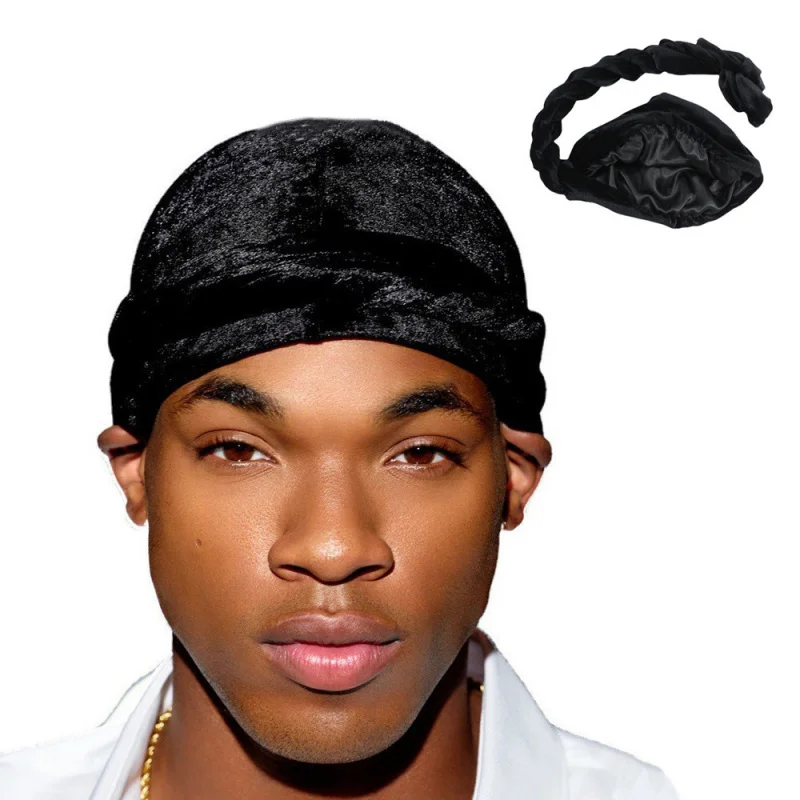 

Solid Color Men's Velvet Head Scarf Ethnic Braided Double Layer Satin Inside Man Turban Hats Fashion Designer Silk Durag