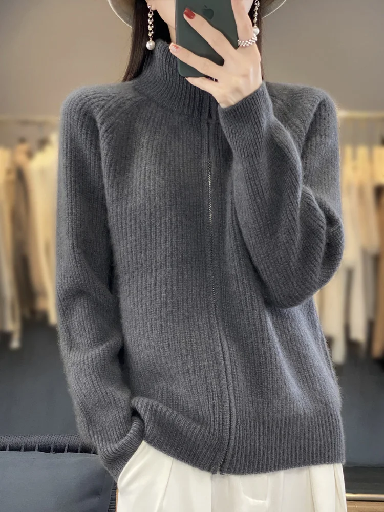 

Women’s Zippers Sweater Cardigans Warm Thick Striped Raglan Sleeve Cashmere Casual 100% Merino Wool Knitwear Tops Autumn Winter