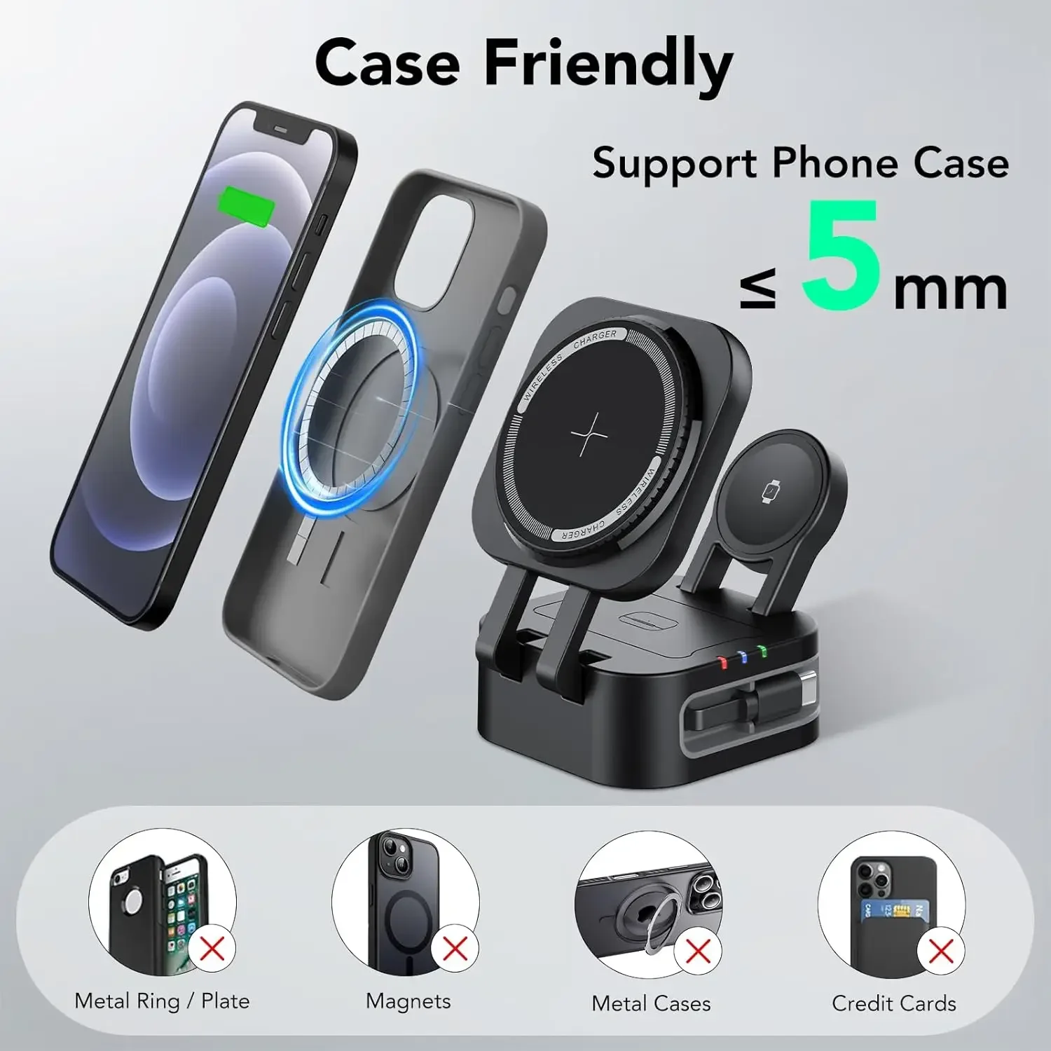 

Магнитное беспроводное зарядное устройство 4 в 1, складная зарядная станция с выдвижным кабелем для телефона, смарт-часов, наушников