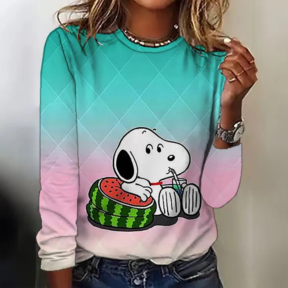 Women\'s autumn round neck Snoopy print slim fit long sleeved casual T-shirt women\'s street fashion outfit 2024 trend