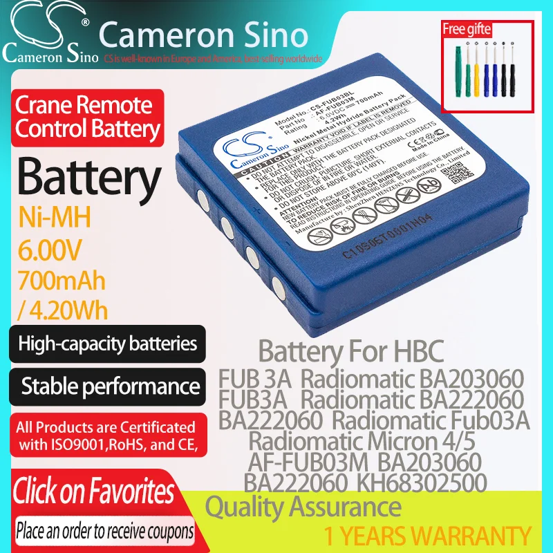 CameronSino Battery for HBC FUB 3A Radiomatic BA222060 Radiomatic Micron 4 FUA71 fits HBC AF-FUB03M Crane Remote Control battery