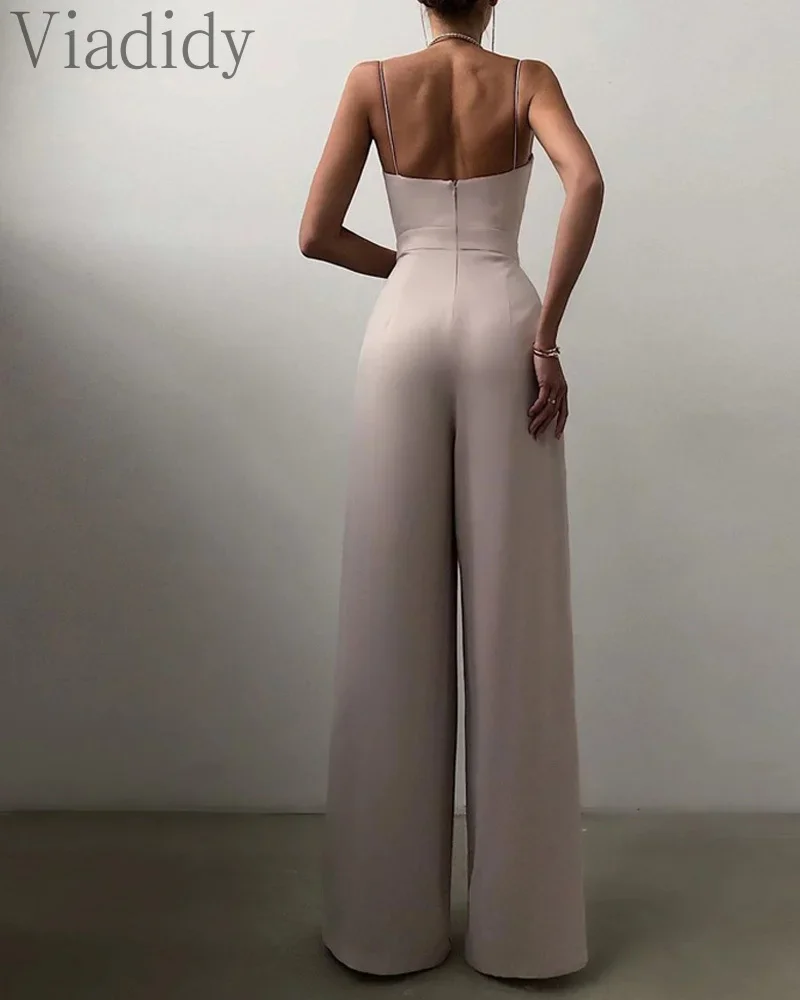 สีทึบสบายๆสปาเก็ตตี้Jumpsuitsผู้หญิงSlimแขนกุดBackless Romper