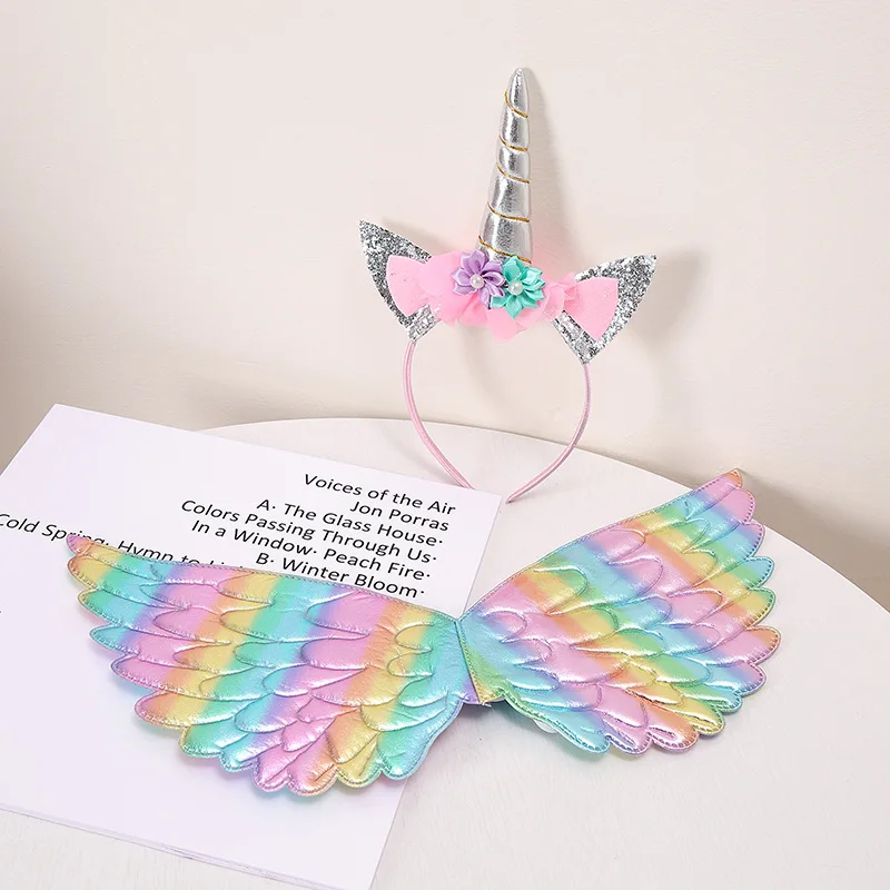 Rainbow Angel Wings Unicorn Headband Costume Hairband Set Unicorn Theme Girls Birthday Baby Shower Performance Decor Photo Props