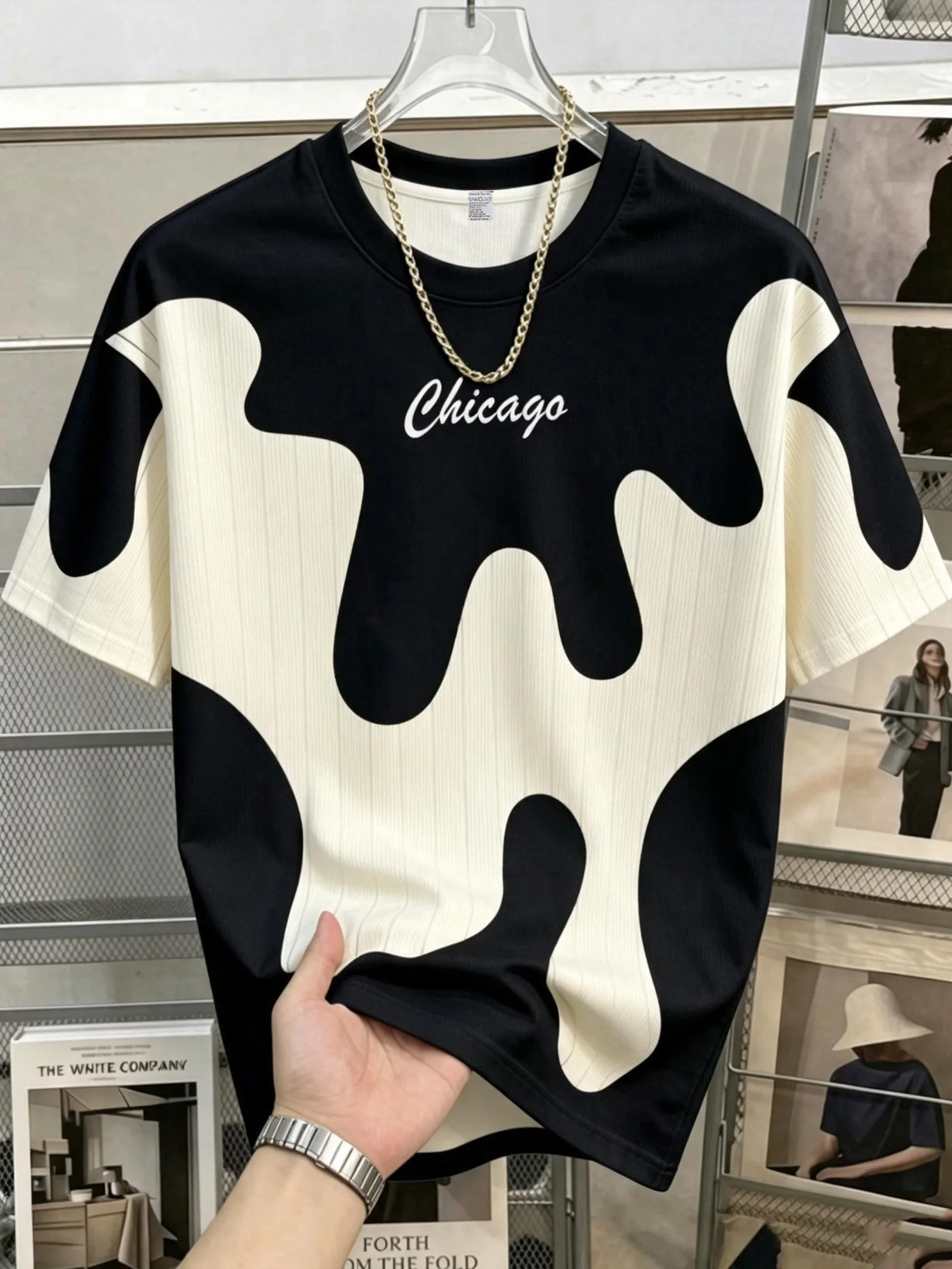 American men's summer retro ink Chicago letter splicing print soft and breathable round neck T-shirt outdoor street style top