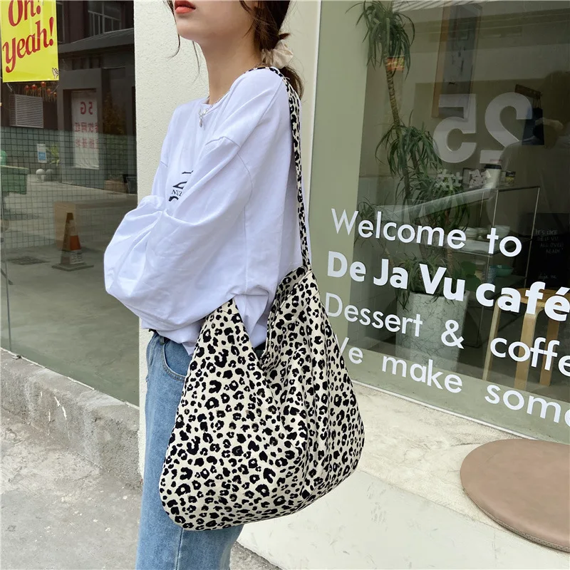 Fashion Leopard Print Crossbody Bag for Women, Large Capacity Shoulder Shopping Bag, Trendy All-match Canvas Handbag