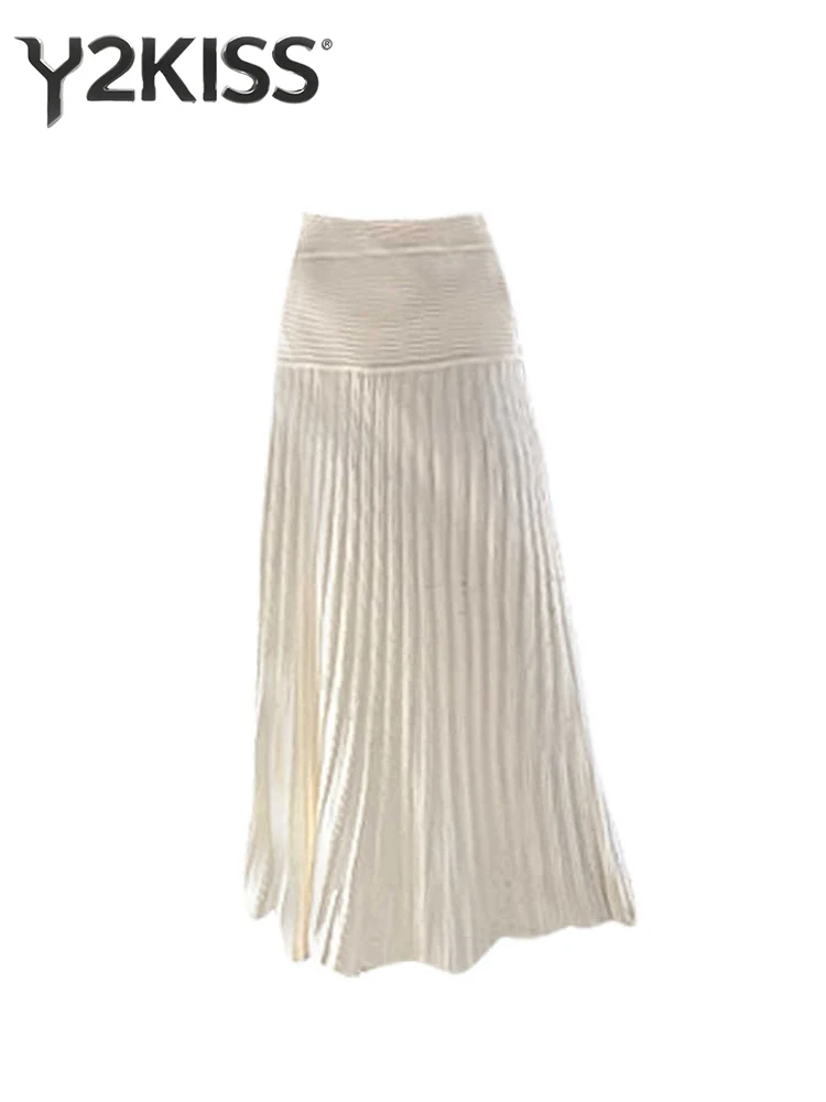 Women's Maxi Knit Skirt French Vintage Pleated Skirt Solid Color Elegant Old Money Korean Fashion Mori Girl 2000s Aesthetic