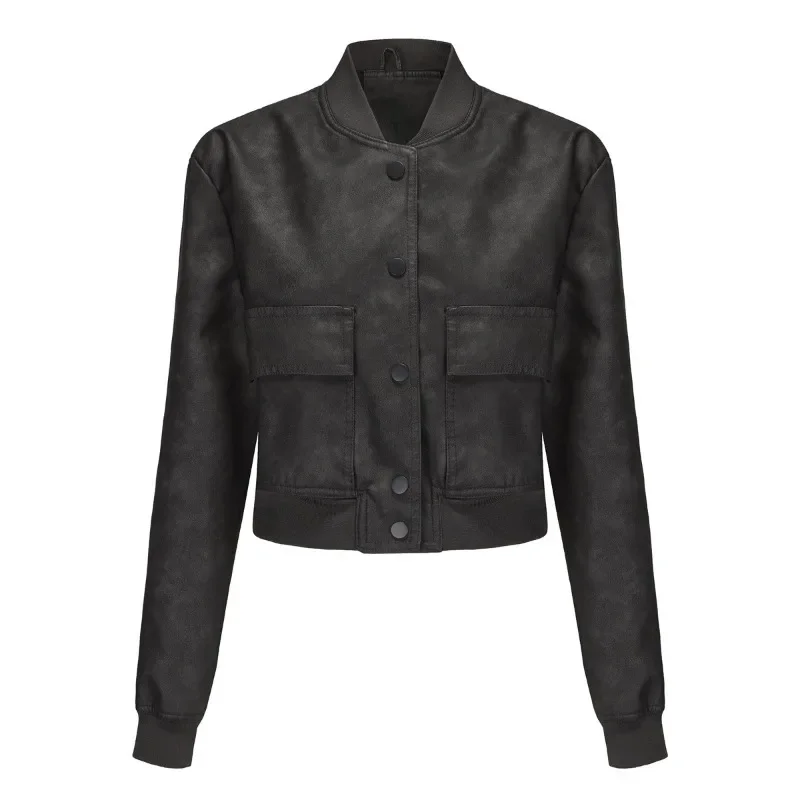 Women's Clothing Ribbed Shrink Leather Jacket ZXRYXGS 2024 Superior Soft Pu Leater Loose Cardigan Jacket Casual Fashionable Coat