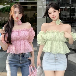 Women's Shirt Flower Print Korean Version Off Shoulder Appliqué Slim Sweet Expose Navel Puff Short Sleeve Blouse