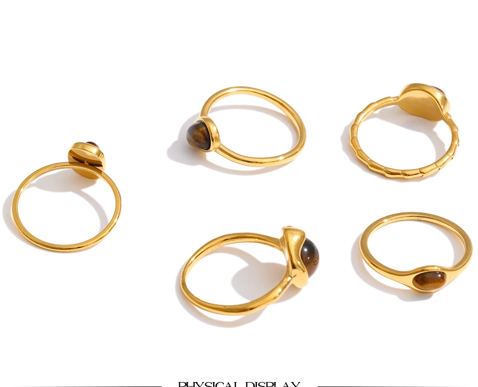 Yhpup Größe 7 Edelstahl-Ring mit natürlichem Tigerauge-Stein, 18K Goldfarben PVD-beschichtet, wasserdicht, dünn, schick, modischer Fingerschmuck – Detail 2