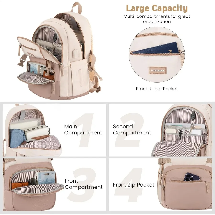 Grote rugzak 15,6 inch voor schoolmeisjes tieners dames student kaki beige