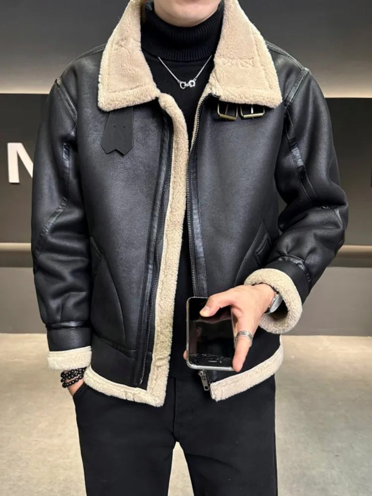

Мужская утепленная куртка из овечьей шерсти и хлопка, новая зимняя модель, с интегрированной кожаной и меховой отделкой, из овечьего вельвета, теплая, повседневная, свободного кроя