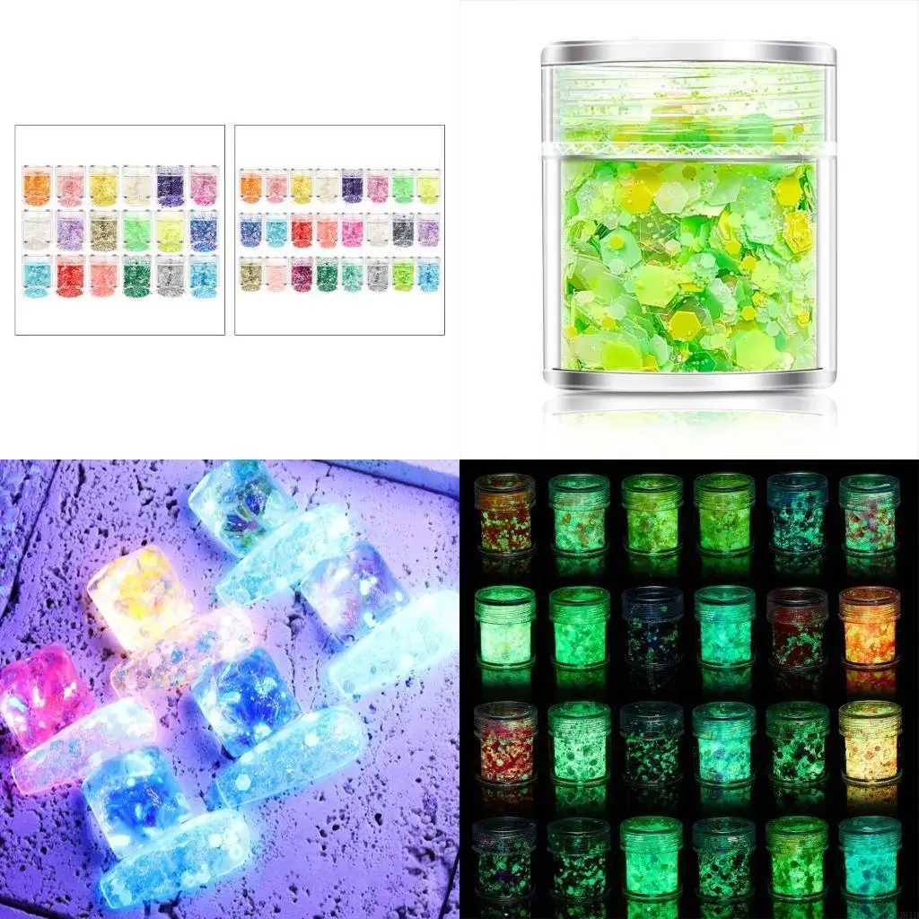 18/24 Color Glitter Powder Sequins Luminous Chunky Glitter Sequins for Resin Crafts Filler Body Face Art