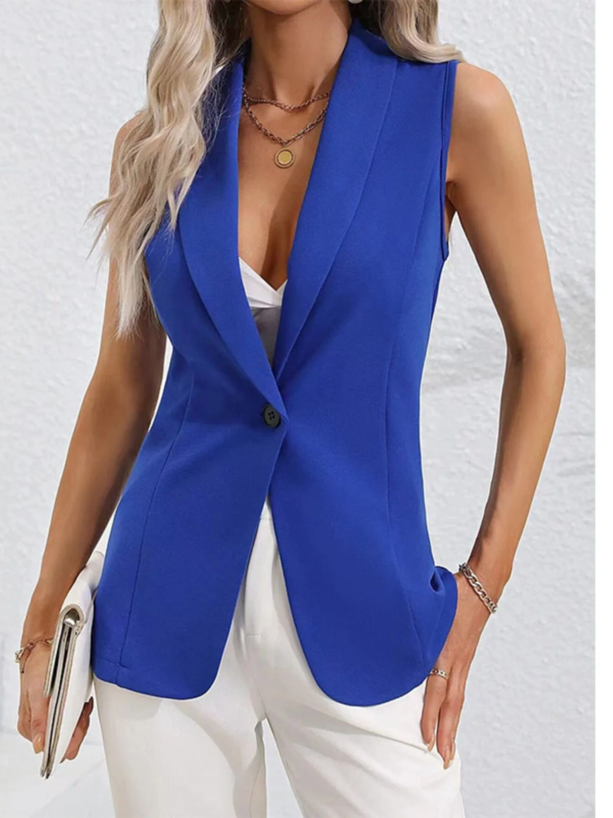 

Faionable Pure Color Commute OL One Button Svel Suit Cardigan Jaet Vest Button Sle Regular Length Polyester