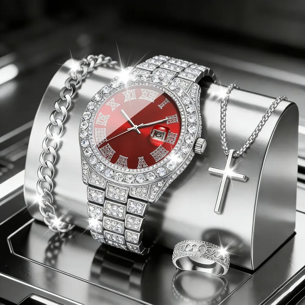 4pcs Foreign Trade Hot Men's Watch Set Hip Hop Full Diamond Quartz Watch Set Men's Business Quartz