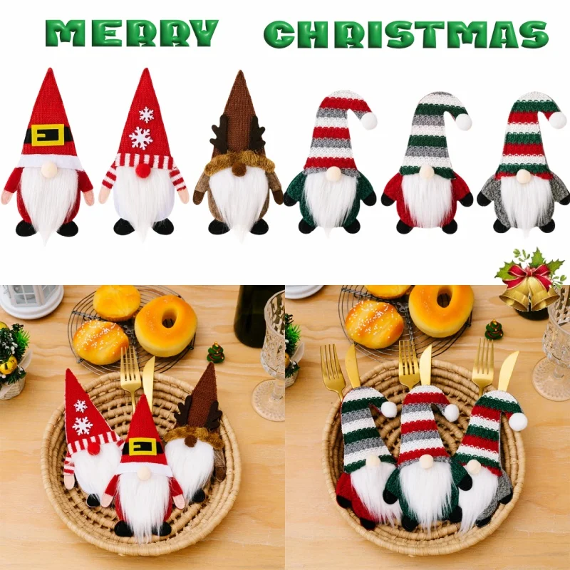 Christmas Cutlery Holder Pockets Christmas Desktop Decor Cute Faceless Doll Knife And Fork Bags Xmas Party Tableware Decorations