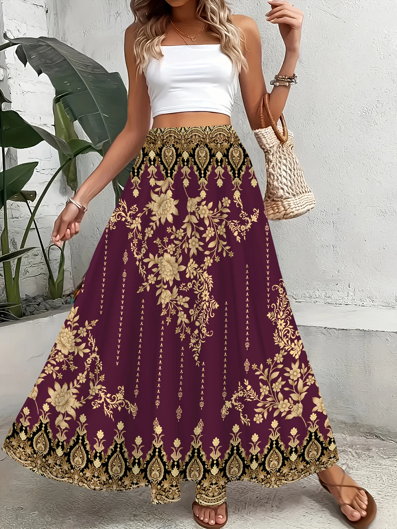 

Юбка с цветочным принтом в стиле Four Seasons Leisure Style, с золотым узором, для отдыха и повседневной носки.