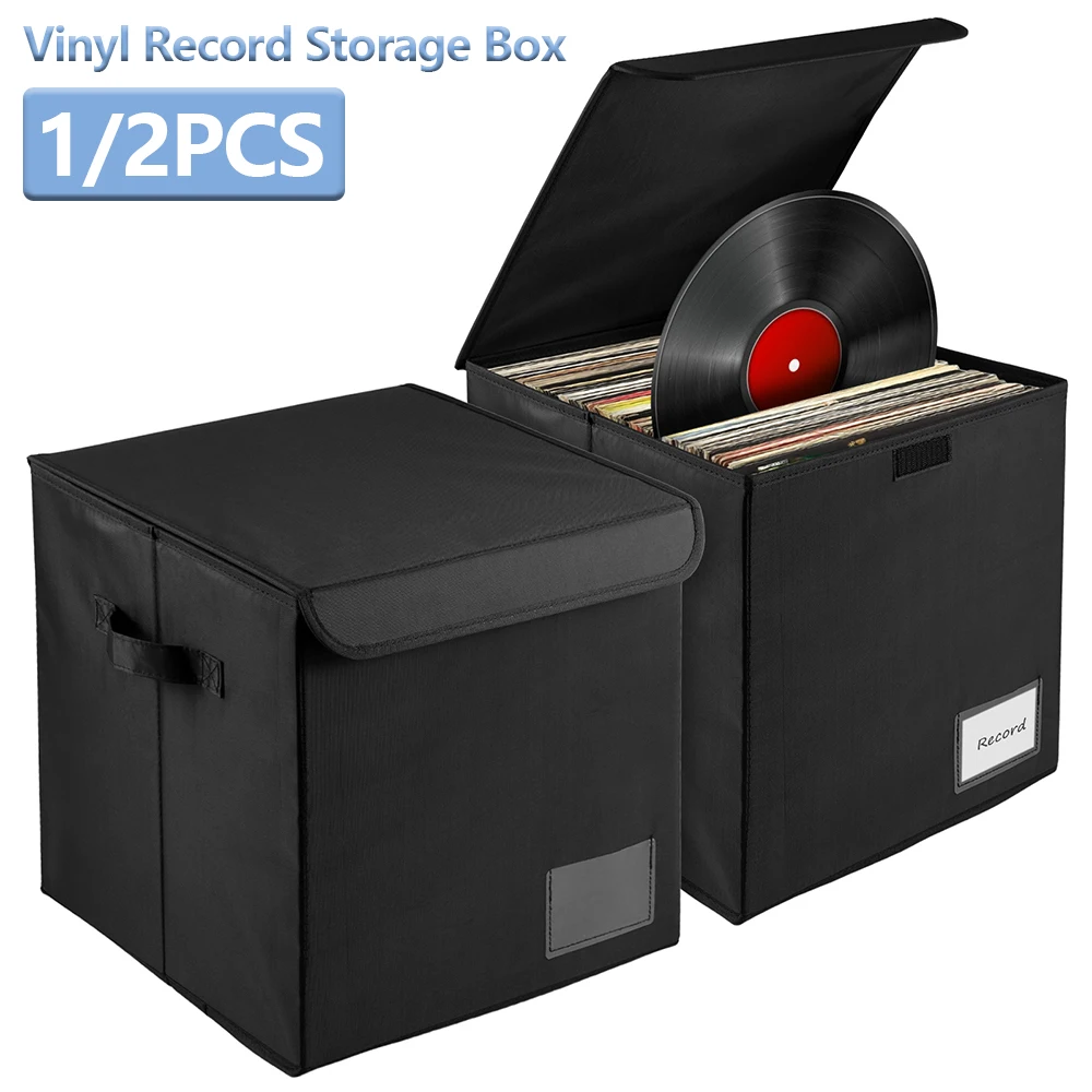 Boîte de rangement pour disques vinyles, pliable, étanche, avec poignée et fente pour étiquette, bac de rangement pour vêtements et jouets dans le placard, 1/2 pièces