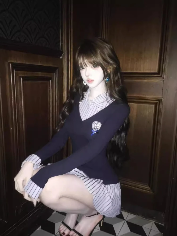 Vestido listrado estilo preppy coreano, em camadas, contraste, gola polo, manga comprida, vestido emagrecedor, início do outono, vestido feminino jovem 2025