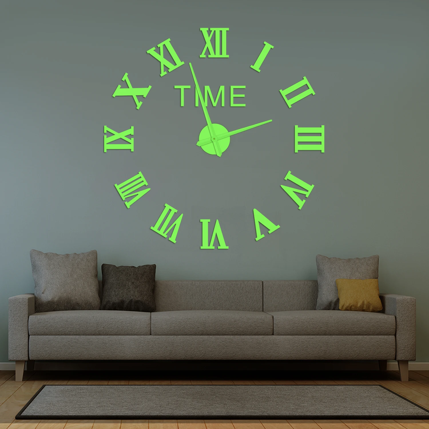 Retro Roman Numerals Glow In Dark DIY Wall Clock Modern Design Home Decor Self‑Adhesive Luminous Number Frameless Big Wall Clock