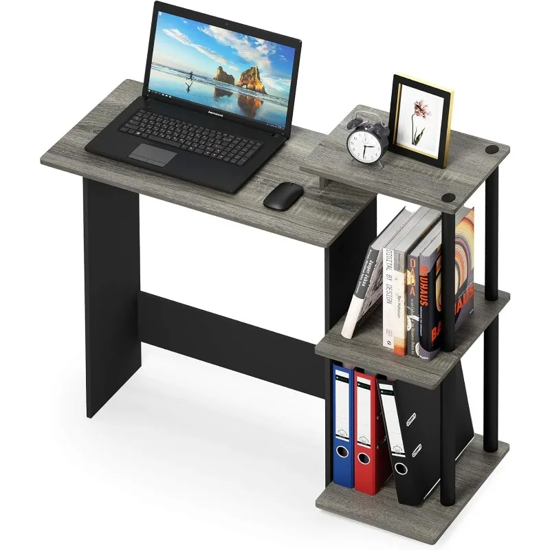 Meja Komputer Notebook Laptop Rumah Efisien dengan Rak Persegi, French Oak/Hitam