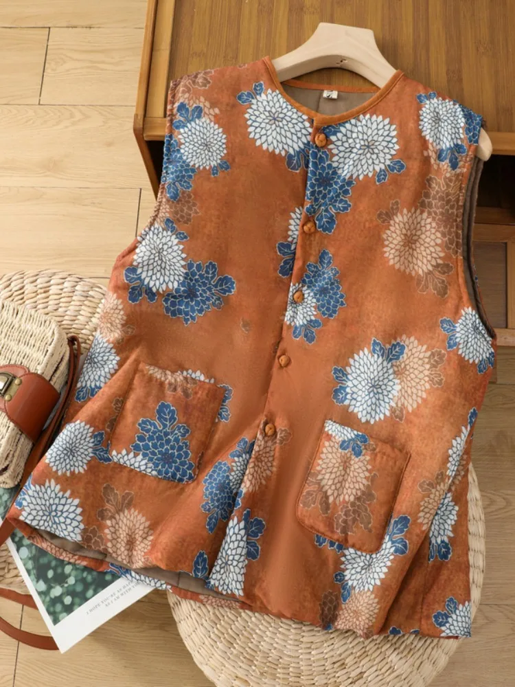 

Retro Chinese Sle Cotton Linerl Vest Women's round Ne Svel Jaet Outerwear Commute Sle Floral Patterned