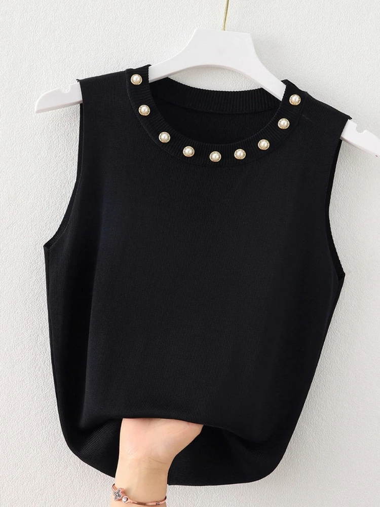 Fashion Round Neck Sleeveless Tank Top 2026 Spring Summer White Beaded Knit Women's Camisole Solid Color Inner Wear Tops