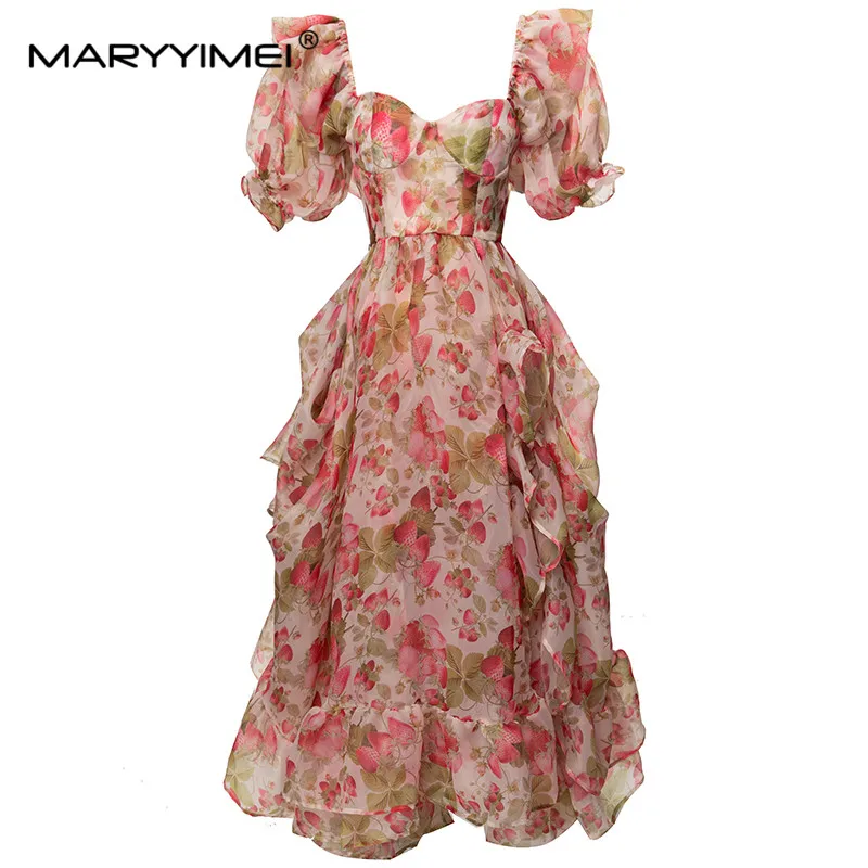 

MARYYIMEI Fashion Designer spring Summer Women's Square-neck Lantern Sleeved Backless RUFFLES Split Printed Asymmetrical Dresses