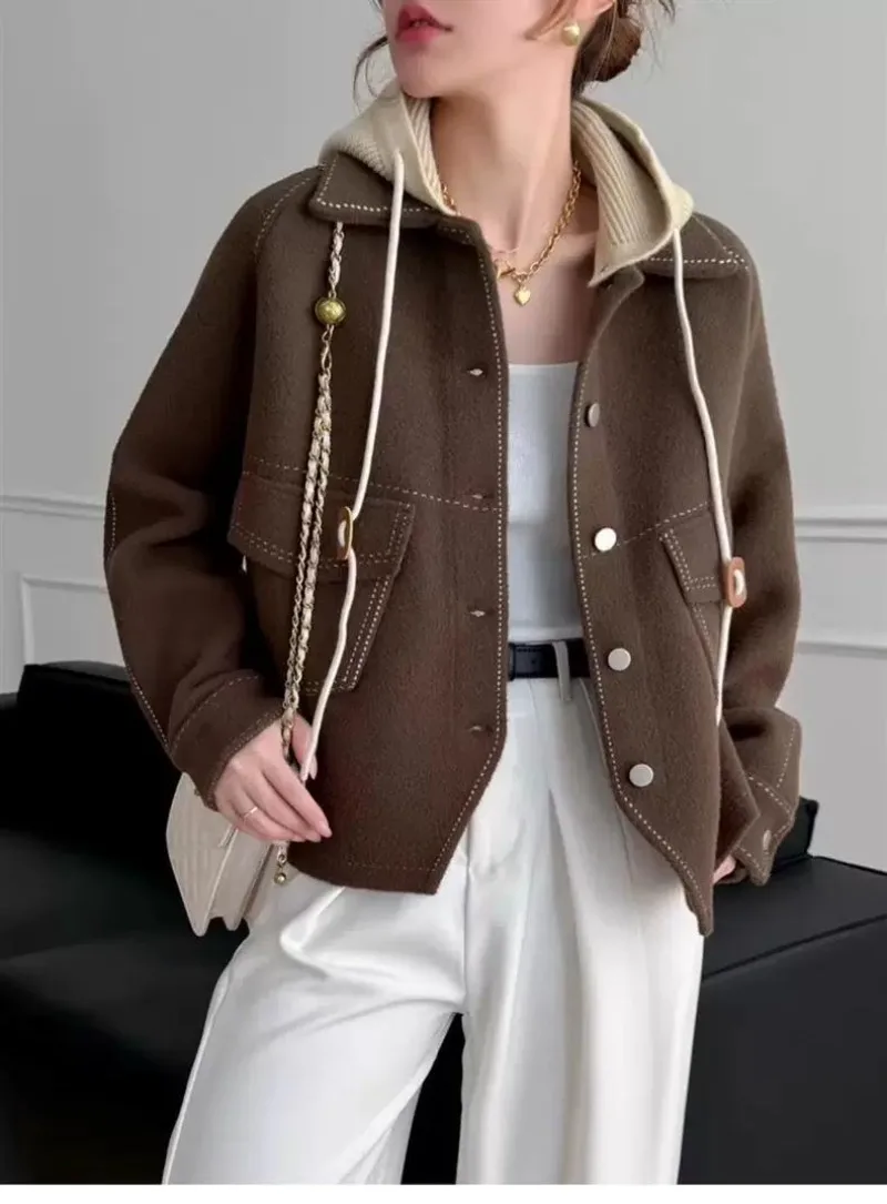 Spring Autumn New Thick Wool Jacket Women's Loose Skinny Versatile Casual Removable Hooded Sweater Premium Short Top Cardigan
