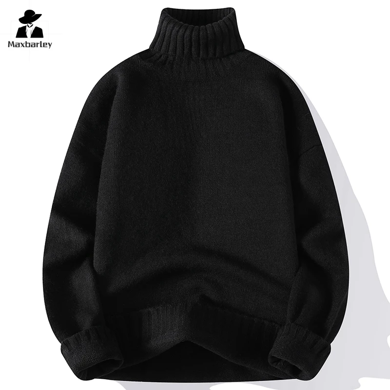 2025 New Christmas Style Sweater Men's Loose Lazy High Neck Simple All-match Knitted Pullovers Winter Solid Color Men Sportshirt