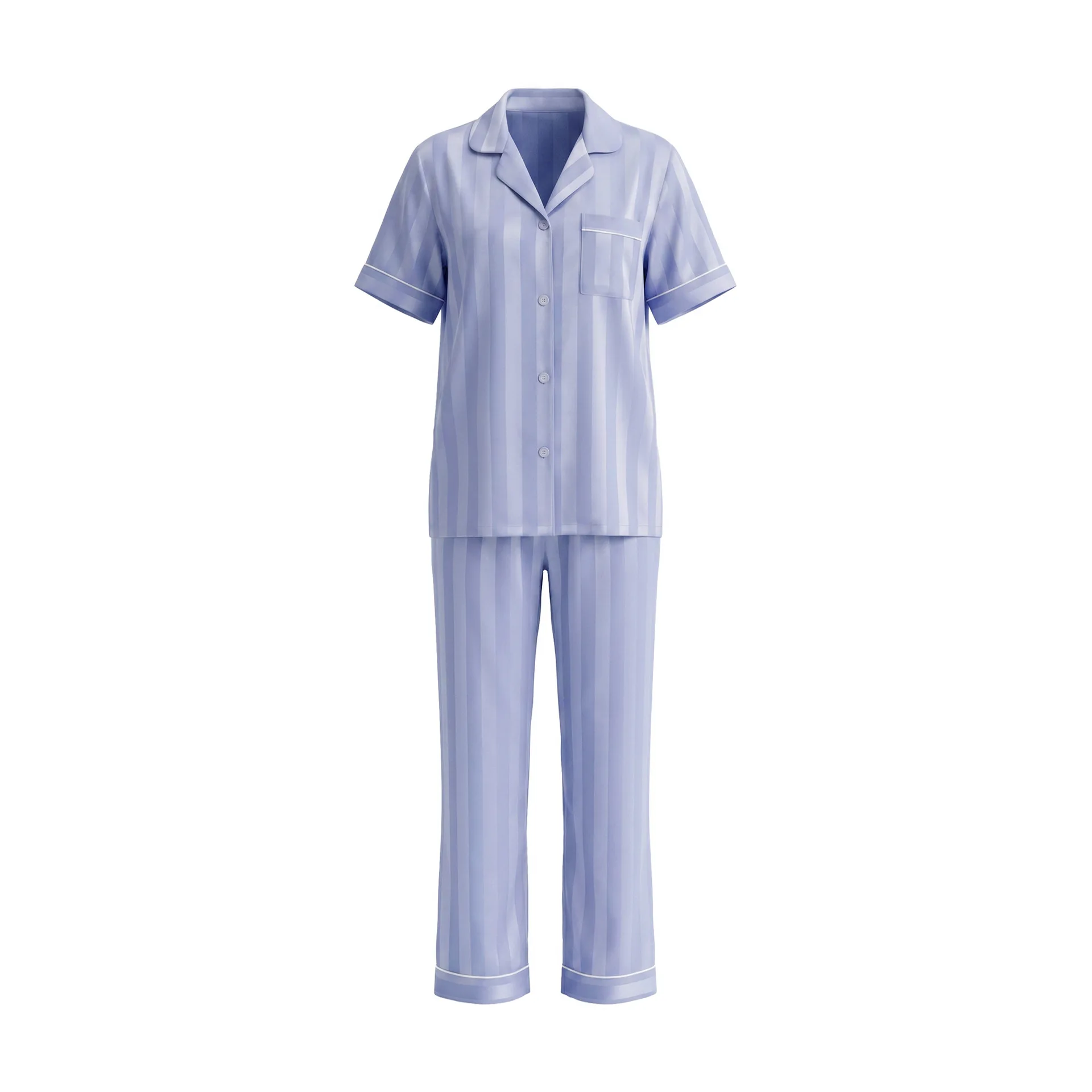 New Satin Jacquard Pajamas Women's Lapel Short Sleeved Shirt Long Pants Striped Casual Suit Simulated Silk Comfort Home Clothes 5