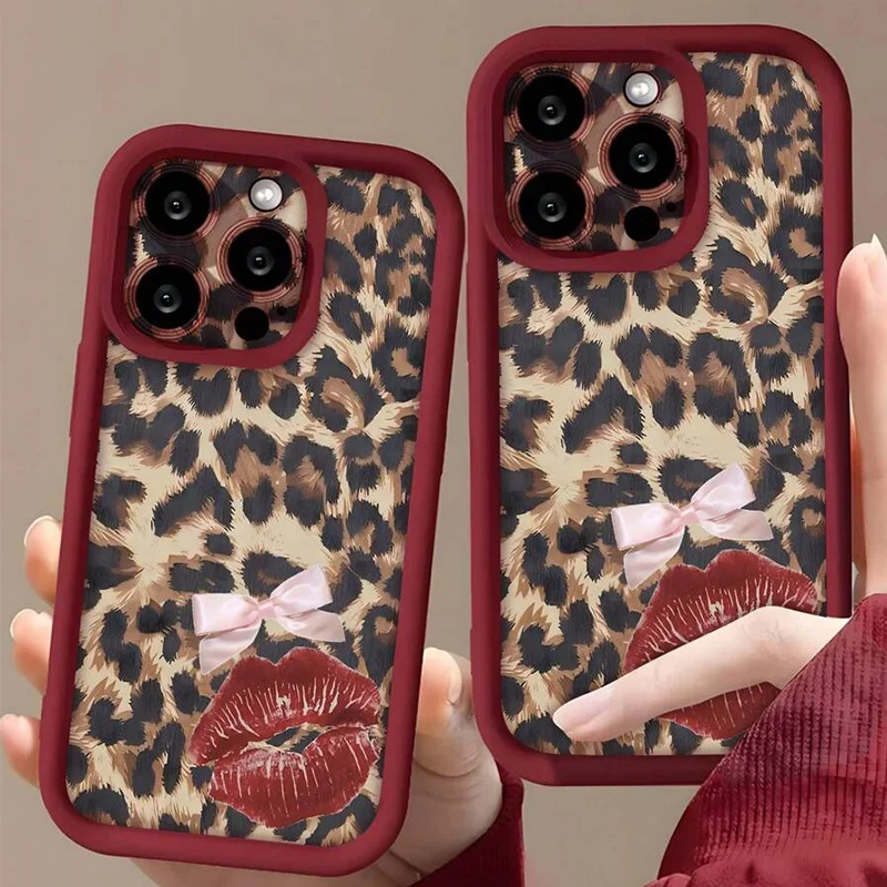 Cheetah Print Animal Sexy Red Lip Bow-Tie Leopard Pattern Phone Case For iPhone 16 Pro Max 15 14 13 12 11 XS X XR 7 8 Plus Cover