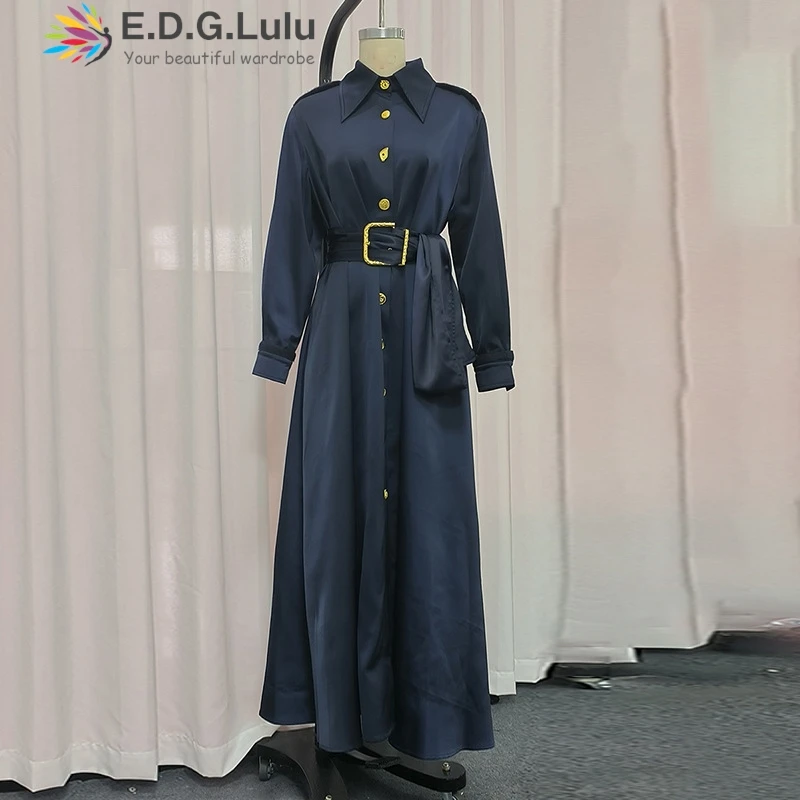 EDGLuLu Retro Colletto rovesciato Monopetto Abiti lunghi Donna 2025 Autunno Nuovo Nuovo abito in raso a maniche lunghe + Cintura 1116