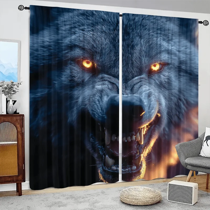 2pcs, 2D 2pcs Angry Wolf Curtains Fierce Animal Face Print Blackout Drape Living Room Bedroom Window Treatment Home Decor