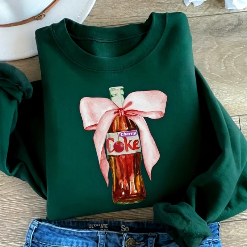 Pink Bow Cola Crewneck Sweatshirt Coke Lover I Need A Funny Long Sleeve Cherry Soda Autumn and Winter Commuter Thermal Hoodie view 5