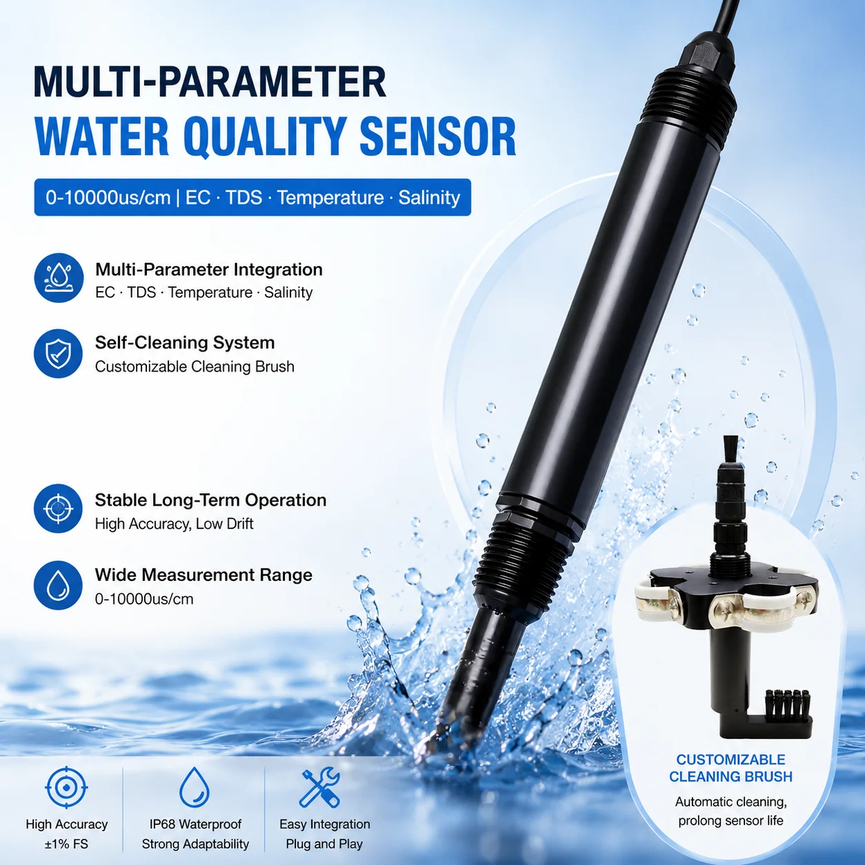 0-10000us/cm Multi-Parameter Water EC TDS Temperature Salinity Sensor with Customizable Cleaning Brush for Long-Term Monitoring