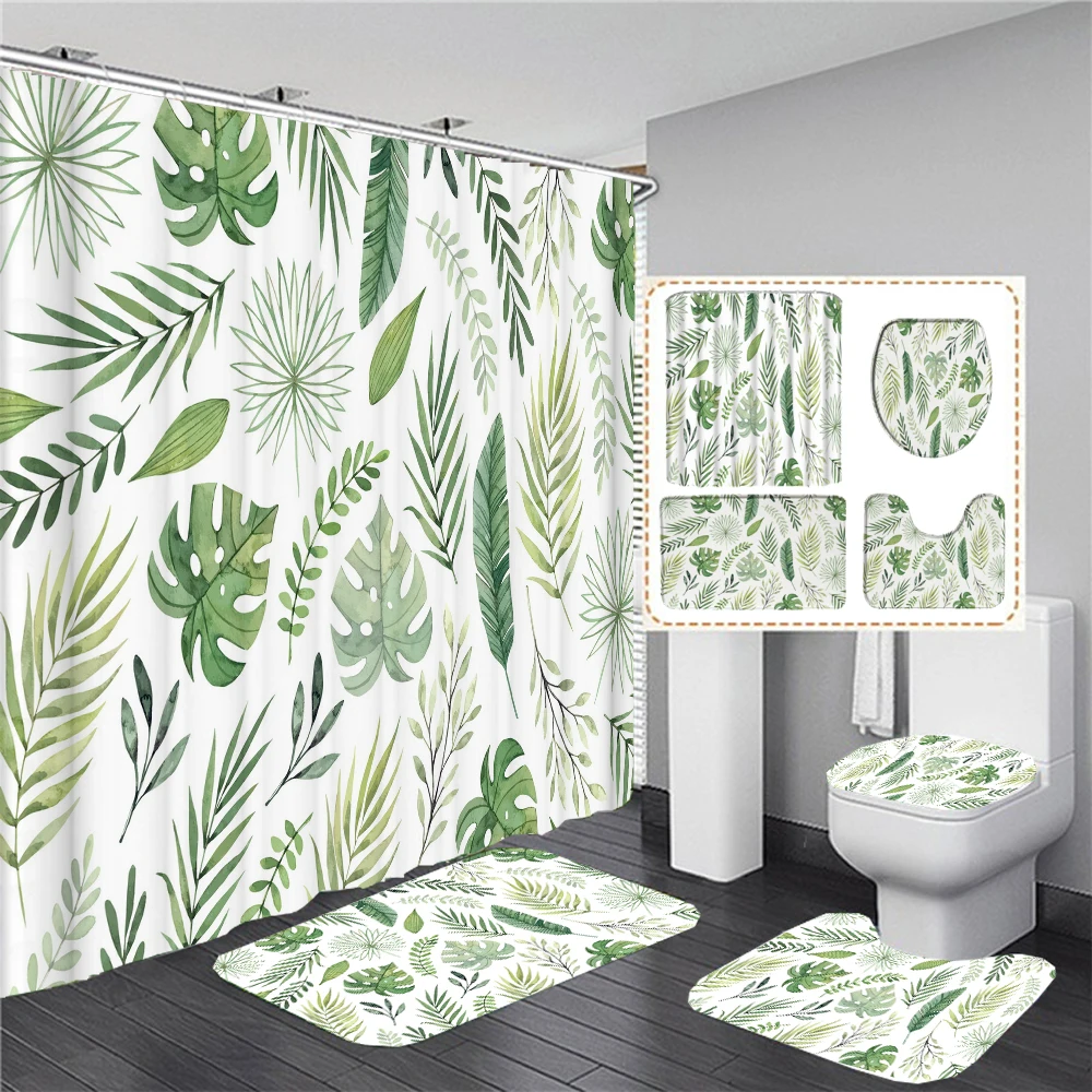 

Leaves Plants Printed Shower Curtain Set with Rug Anti-slip Carpet Bathtub Toilet Screen Waterproof Bathroom Decor with Hooks