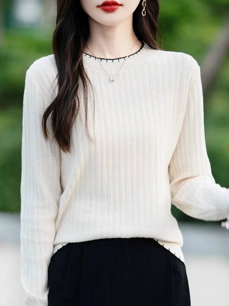 Sweter damski z okrągłym dekoltem, wykończony koronką, bawełniany, jesienno-zimowy, nowy, modny, dzianinowy top do noszenia pod spód.