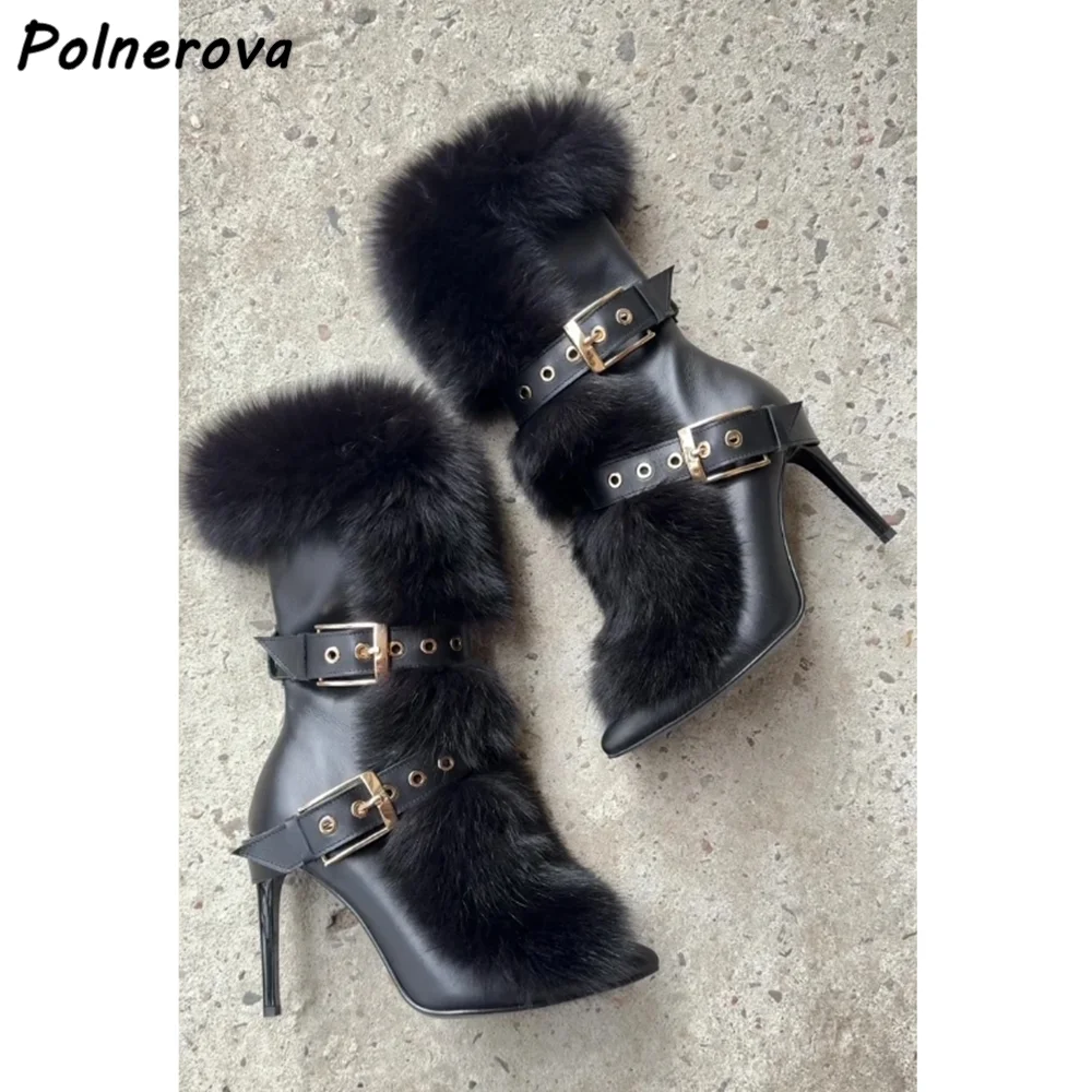 

Черные ботильоны с пряжкой и меховым краем, кожаные зимние ботинки с острым носком и пушистым мехом на тонком каблуке, зимняя женская модная пикантная обувь 2025