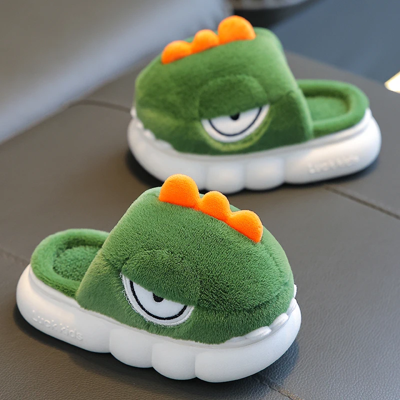 Winter Warm Plush Slippers Children\'s Funny Cartoon Dinosaur Non-slip Soft Sole Kids Baby Boys Girls Indoor Home Cotton Shoes