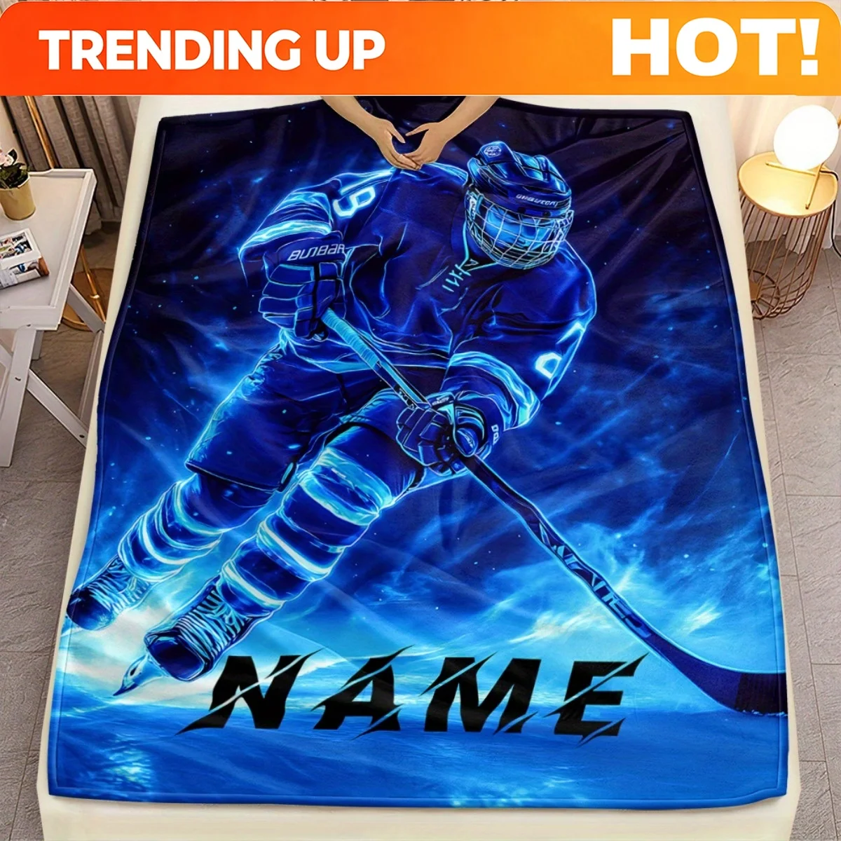 Customize 1pc Name/Text, Hockey Art Printed Blanket, Used for Sofa, Bedroom, Living Room, Bed, Couch, Chair, Office, Camping Sof