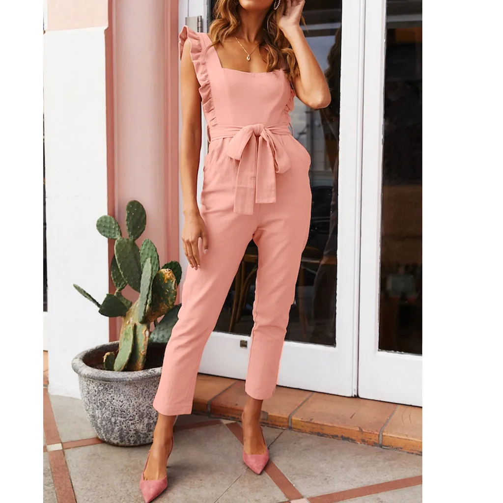 2024 New Summer Autumn Women Belt Tunic Print Jumpsuits Female High Waist Harem Trousers Slim Romper Holiday Playsuit