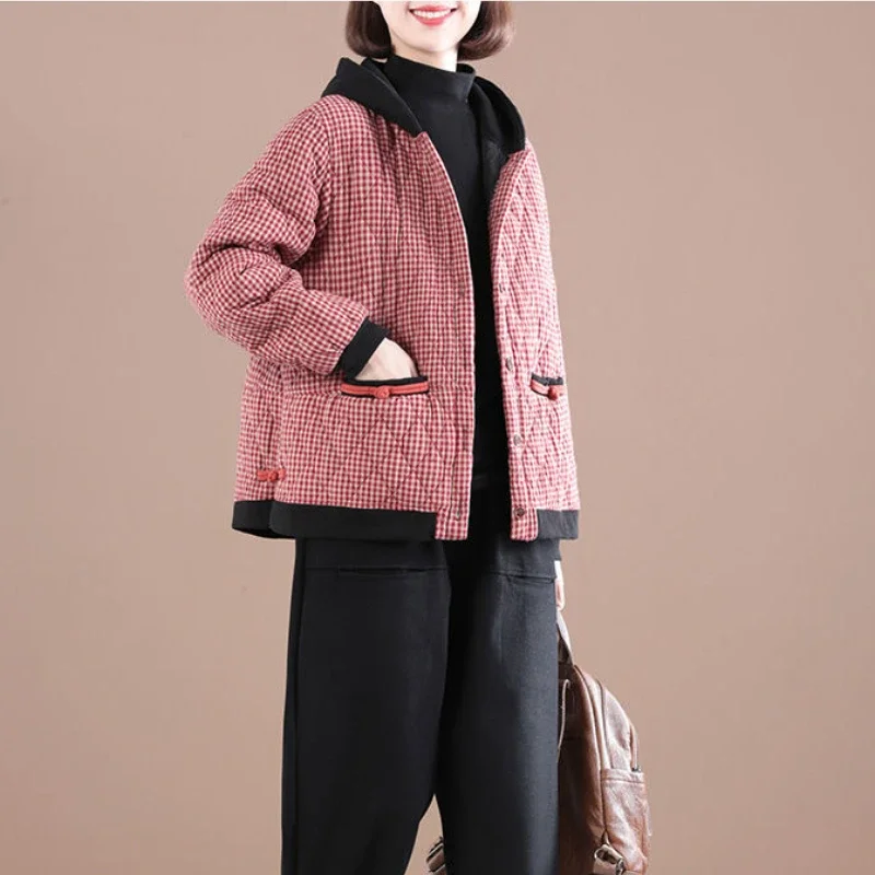 Damen Plaid Kapuze gepolsterte Jacke Herbst Winter Wärme Jacke Parka Retro koreanische Mode versand kostenfrei Großhandel kurz geschnittenes Top