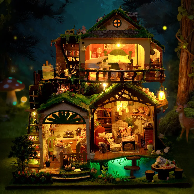 Nieuwe Sprookje Bos Villa Houten Poppenhuis Miniatuur met Meubels Kit DIY Monteren Model Speelgoed Kind Volwassen Kerstcadeau Casa