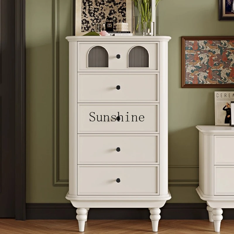 

French retro white solid wood glass chest living room sofa against the wall side cabinet