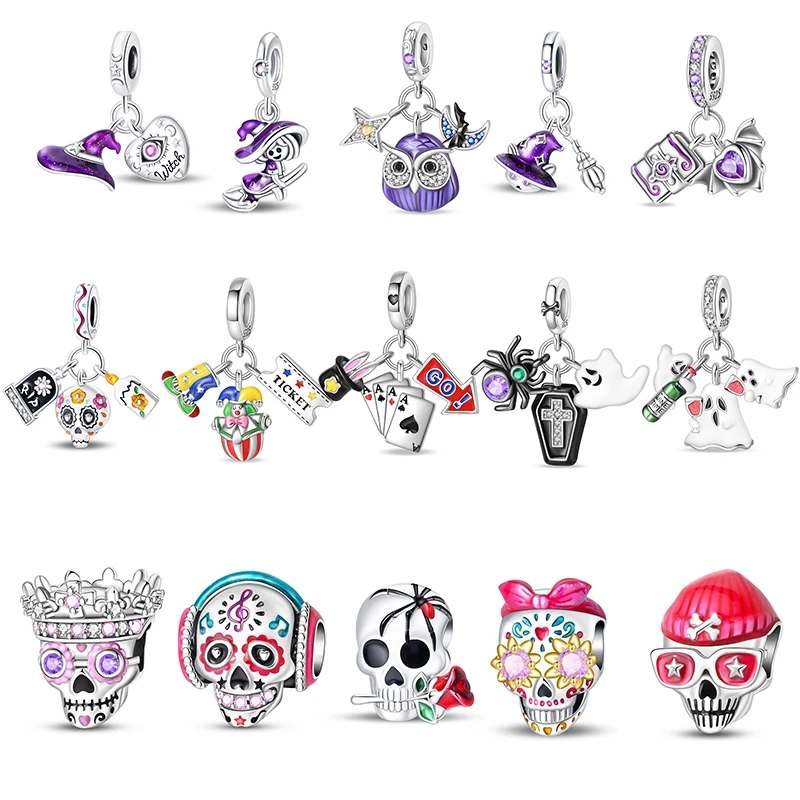 Halloween Original 925 Sterling Silver Charm Luminous Color Changing Skull Charm Beads Original Bracelet Pendant Christmas Gift