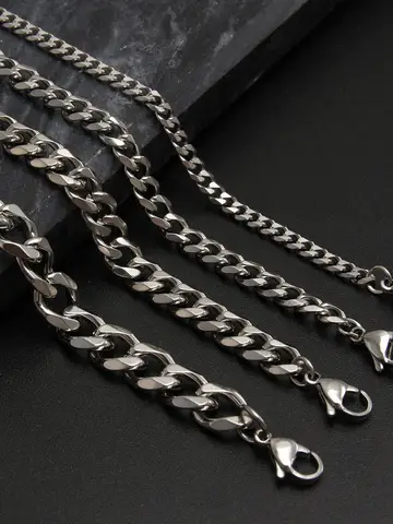 Bwise 1 piece Size 3.6mm-9mm Men's Necklace Stainless Steel Cuban Link Chain Bracelet Necklace Steel Color Male Jewelry