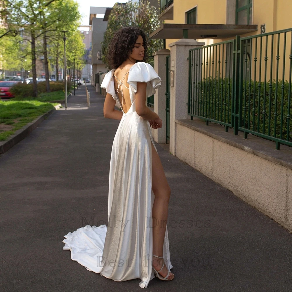 Exquisite V Neck Wedding Dresses With Side Silt Sparking Backless Bridal Gown With Ruffle Sleeves For Woman New Vestido De Novia