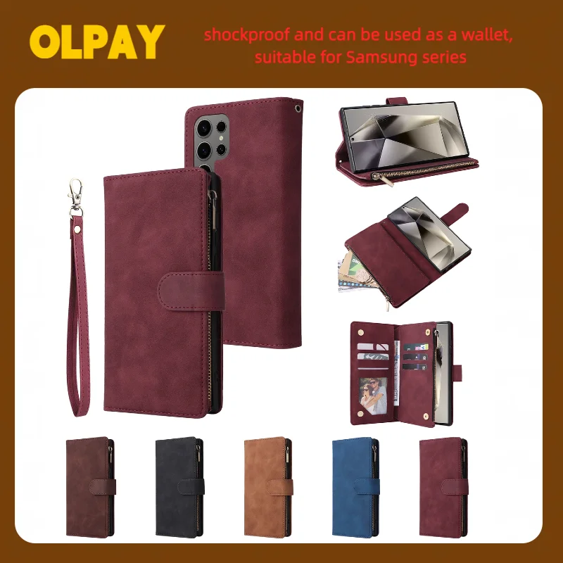 

Кожаный чехол для телефона OLPAY для Samsung Galaxy S25Ultra S25Edge S25FE S24Ultra S23 S22 S21 S20 S10 S9 Чехол для телефона с кошельком и наличными слотами
