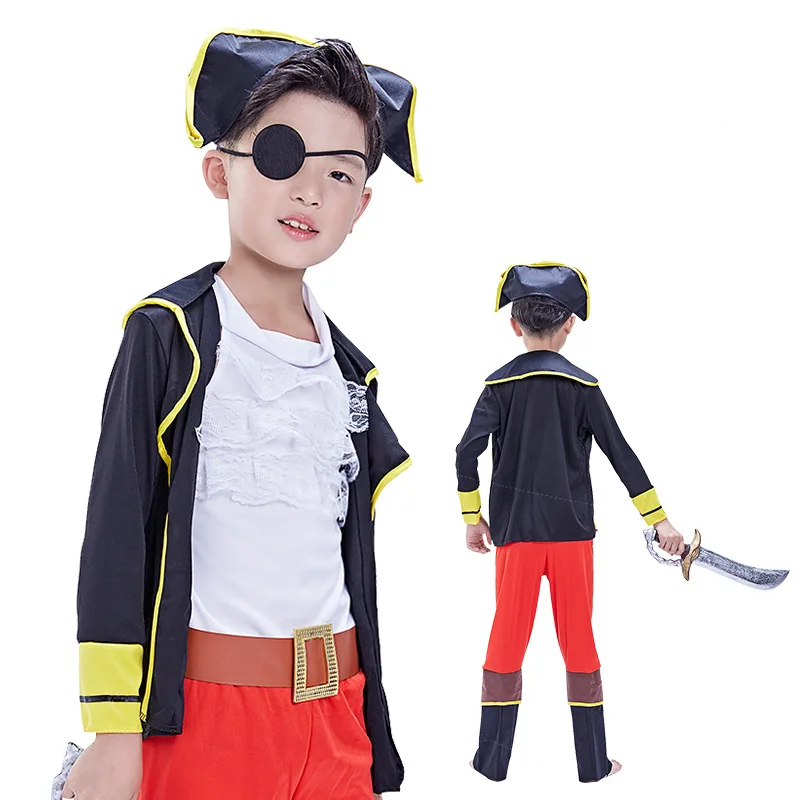 Disfraz de pirata de Halloween para niños, disfraces de capitán pirata, camisa, chaqueta, pantalones, máscara de ojos, sombrero, cinturón, regalo de 6 piezas