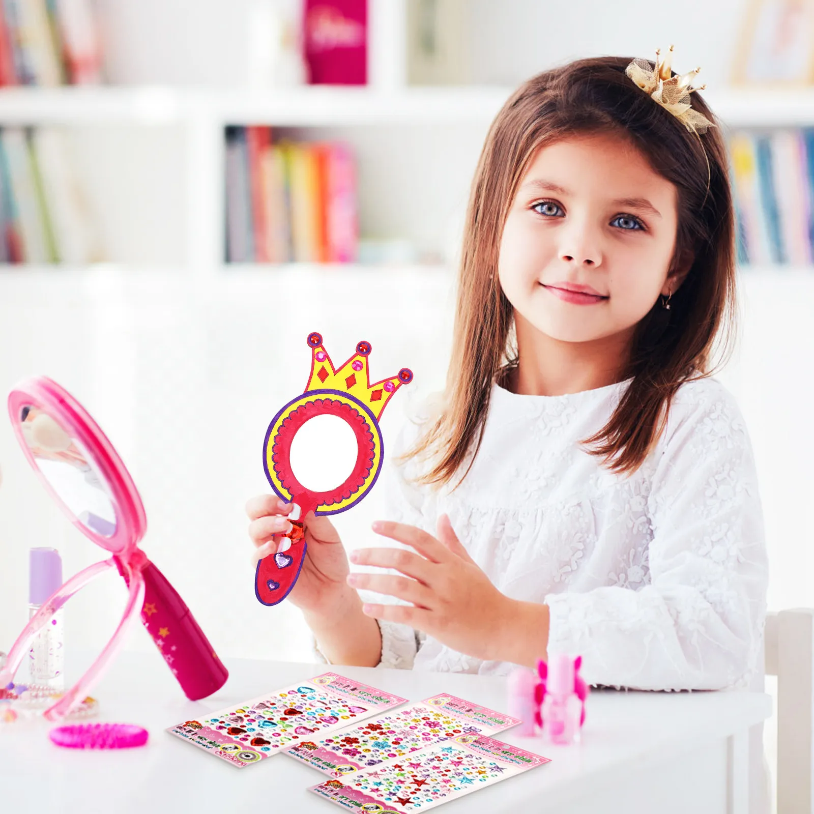 

1Set DIY Mirror Craft Kit for Kids Unfinished Wooden Handheld Mirrors with Rhinestones for Princess Birthday Party Decor